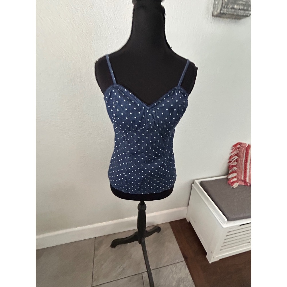Y2K Arizona Jean Co Denim Polka Dot babydoll cami Blue Sweetheart Smocked Back